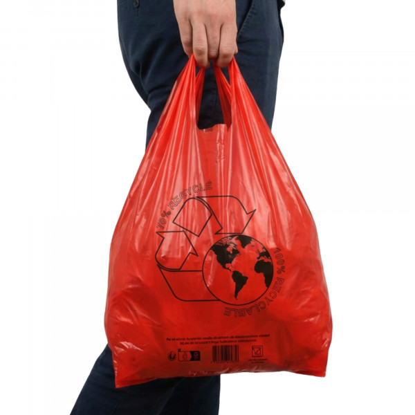 SAC BRETELLES REUTILISABLE ROUGE RECYCLÉ 30+8X54 CM 50µ (500 U)