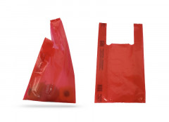 SAC PLASTIQUE A BRETELLES REUTILISABLE ROUGE 26+6X45 CM - 50 MICRONS (500 U)