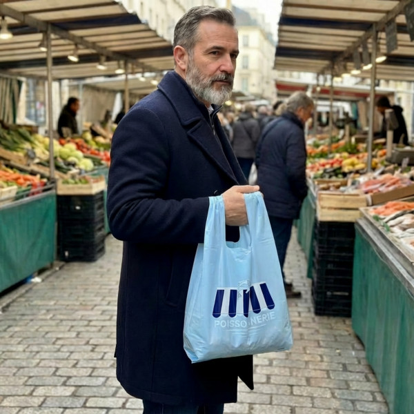 SAC REUTILISABLE A BRETELLES BLEU RECYCLÉ POISSONNERIE 27+7+7X48 CM 50µ (500 U)