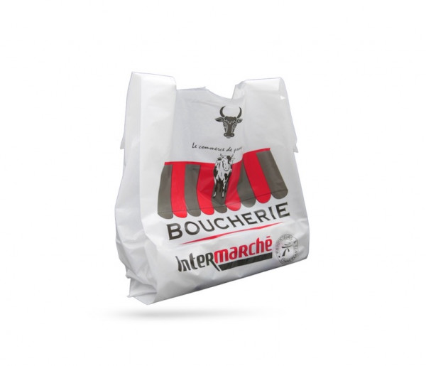 SAC PLASTIQUE REUTILISABLE BLANC BOUCHERIE INTERMARCHE 27+7X48 CM 50µ (500 U)