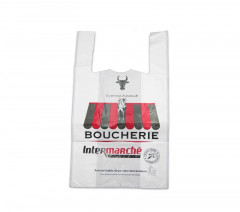 SAC PLASTIQUE REUTILISABLE BLANC BOUCHERIE INTERMARCHE 27+7X48 CM 50µ (500 U)