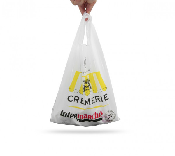 SAC PLASTIQUE REUTILISABLE BLANC CREMERIE INTERMARCHE 27+7X48 CM 50µ (500 U)