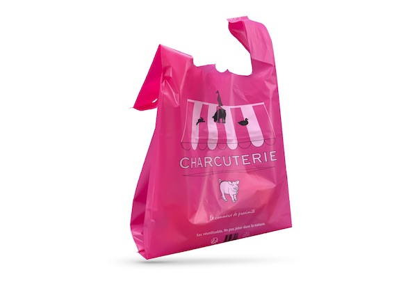 SAC PLASTIQUE REUTILISABLE ROSE IMP. CHARCUTERIE 27+7+7X48 CM 50 MICRONS (500 U)