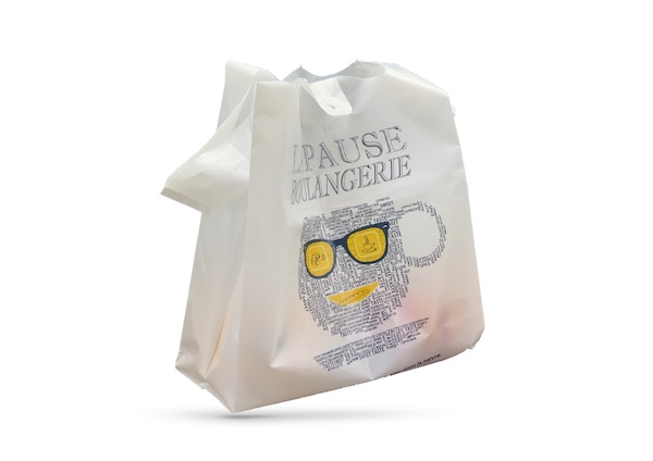 SAC PLASTIQUE REUTILISABLE BLANC IMP. BOULANGERIE 27+7+7X48 CM 50 MICRONS(500 U)