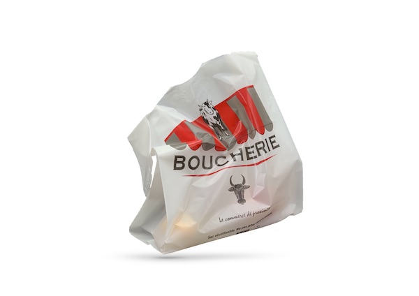 SAC PLASTIQUE REUTILISABLE BLANC IMP. BOUCHERIE 27+7+7X48 CM 50 MICRONS (500 U)