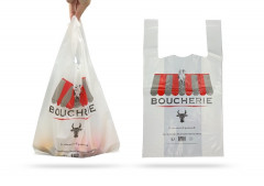 SAC PLASTIQUE REUTILISABLE BLANC IMP. BOUCHERIE 27+7+7X48 CM 50 MICRONS (500 U)