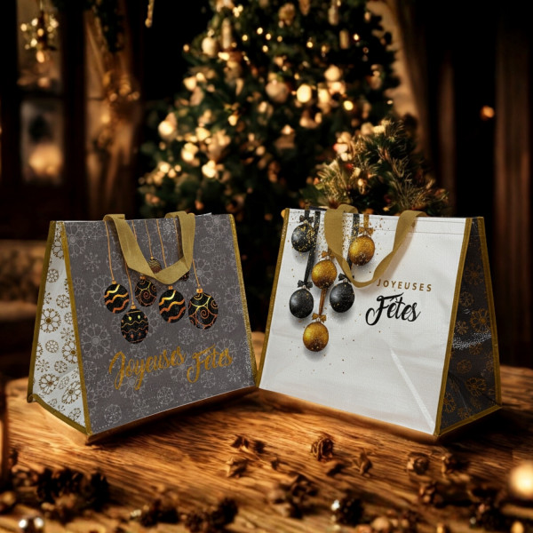 SAC CABAS NOEL JOYEUSES FETES BOULES OR 40+24+24X35 CM PP TISSÉ 160G/M²  (25 U)