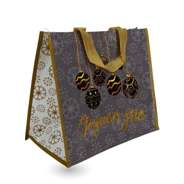 SAC CABAS NOEL JOYEUSES FETES BOULES OR 40+24+24X35 CM PP TISSÉ 160G/M²  (25 U)