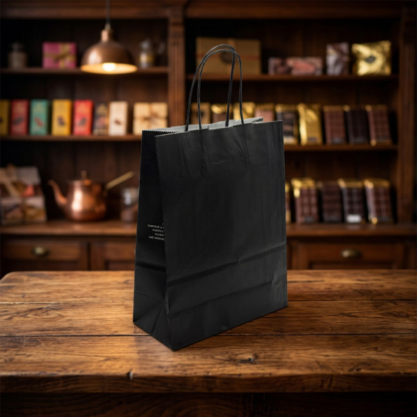 SAC PAPIER NOIR POIGNEES TORSADEES NOIRES 22X10X28 CM 90G MATIERE VIERGE (200 U)