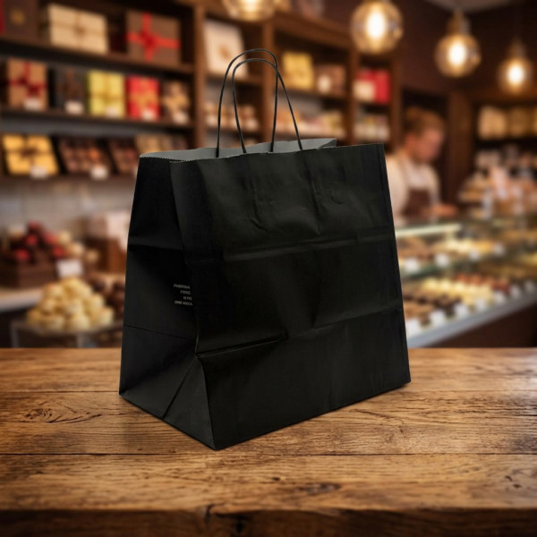 SAC PAPIER NOIR POIGNEES TORSADEES NOIRES 26X17X26 CM 90G MATIERE VIERGE (200 U)