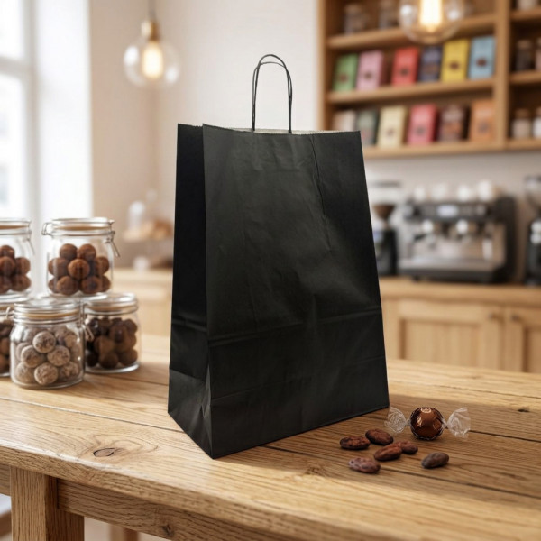SAC PAPIER NOIR POIGNEES TORSADEES NOIRES 32X16X45 CM 90G MATIERE VIERGE (200 U)