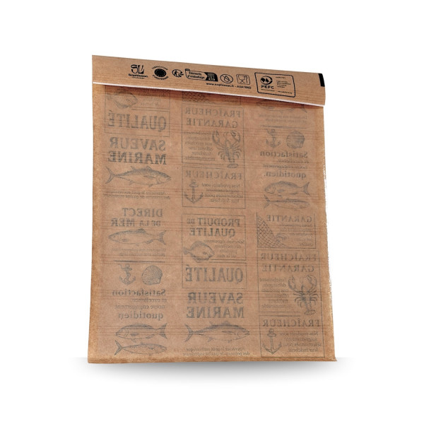 SACHET ADHÉSIF POISSONNERIE BRUN RABAT ÉTANCHE AVEC FENÊTRE 20X25 CM (1400 U)