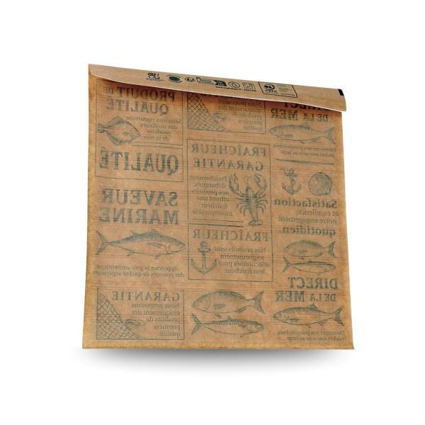 SACHET ADHÉSIF POISSONNERIE BRUN RABAT ÉTANCHE AVEC FENÊTRE 25X25 CM (1200 U)