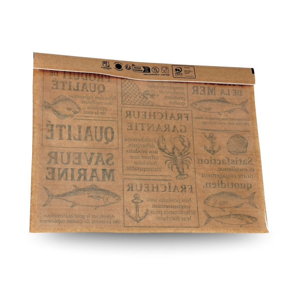 SACHET ADHÉSIF POISSONNERIE BRUN RABAT ÉTANCHE AVEC FENÊTRE 34X25 CM (1000 U)