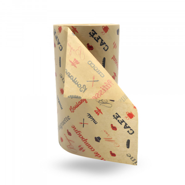 PAPIER MOUSSELINE BRUN BOB:l.50 CM IMPRESSION BOULANGERIE 24GRS (6U=6KG)