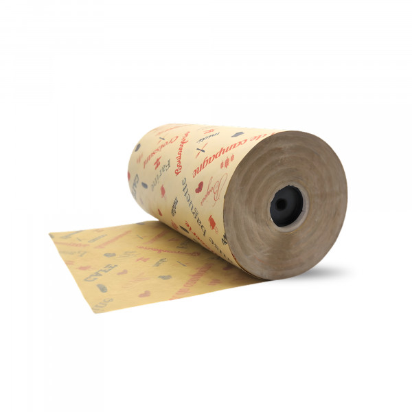 PAPIER MOUSSELINE BRUN BOB:l.50 CM IMPRESSION BOULANGERIE 24GRS (6U=6KG)