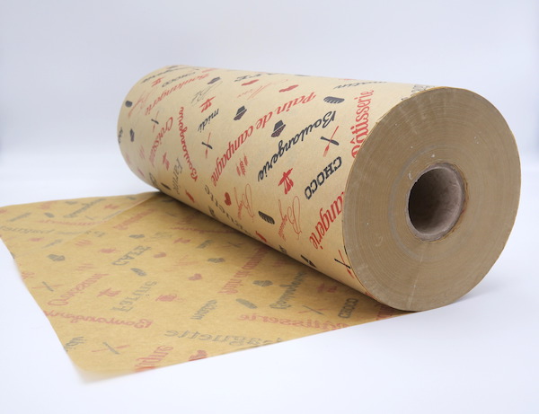 PAPIER MOUSSELINE BRUN BOB:l.50 CM IMPRESSION BOULANGERIE 24GR (1 bobine=6 KG)