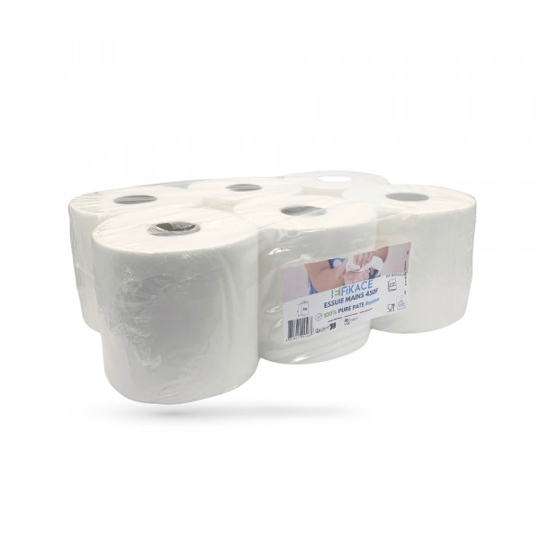 ESSUYAGE BLANC EN BOBINE 450 FEUILLES MICROGAUFFRAGE (F:19.3X18.5 CM) 2PLIS(6 U)
