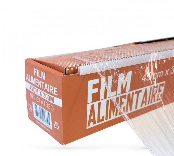 FILM ETIRABLE ALIMENTAIRE 45CM X 300M BOITE DISTRIBUTRICE AVEC LAME 7,5 µ (1 U)