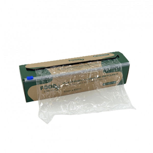 FILM ETIRABLE ALIMENTAIRE SANS PVC 30CM X 300M BOITE DISTRI.+ZIP 9µ (1 U)