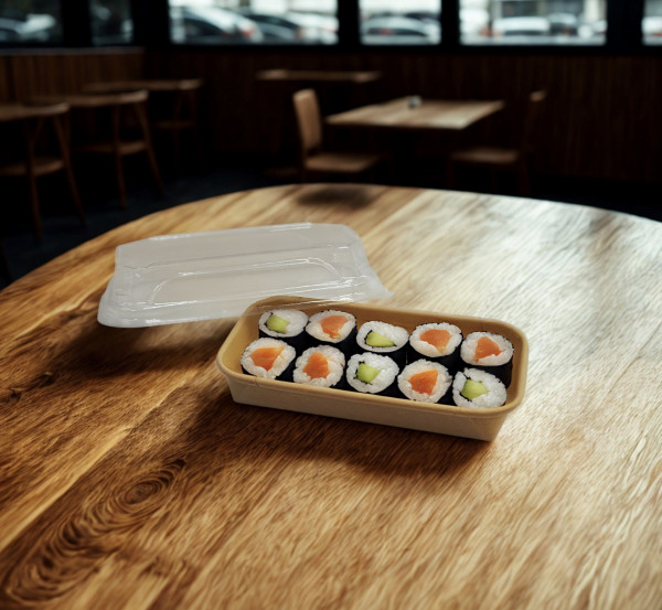 BARQUETTE SUSHIS KRAFT RECTANGULAIRE 240ML 16x9.1x2.5CM ET COUVERCLE PET (50U)