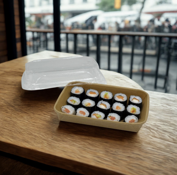 BARQUETTE SUSHIS KRAFT RECTANGULAIRE 350ML 16.5X11.5X2.5CM ET COUVERCLE PET(50U)