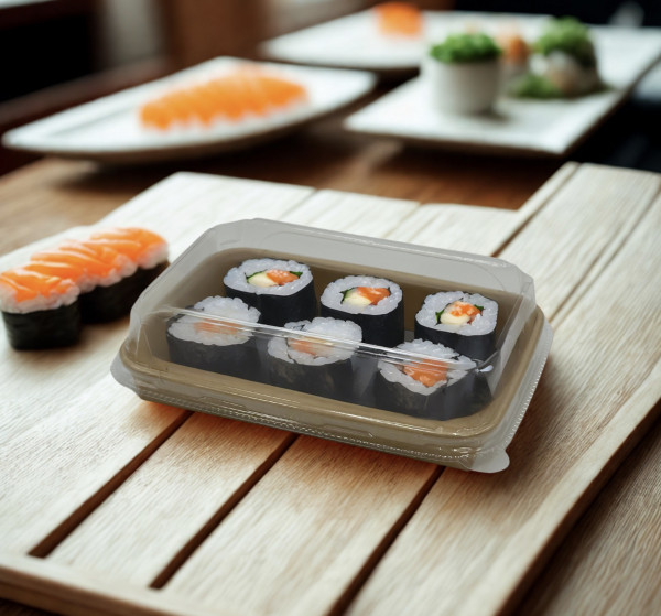BARQUETTE SUSHIS KRAFT RECTANGULAIRE 435ML 18.5X12.9X2.5CM ET COUVERCLE PET(50U)