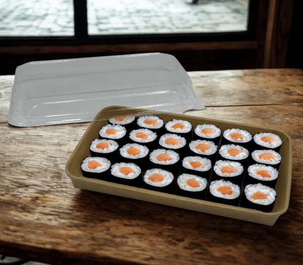 BARQUETTE SUSHIS KRAFT RECTANGULAIRE 720ML 24.1X15.2X2.5CM ET COUVERCLE PET(50U)