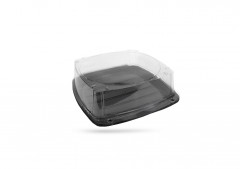 BARQUETTE GATEAU PLASTIQUE TRANSP. AVEC FOND NOIR+COUV 22.5X22.5X8 CM (150 U)