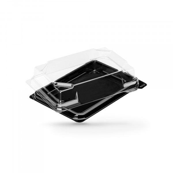 BOITE SUSHIS 13.6X10.2X2.7 CM FOND NOIR AVEC COUVERCLE TRANSPARENT APET (50 U)