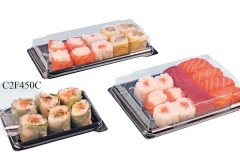 BOITE SUSHIS 136X102X27 MM FOND NOIR AVEC COUVERCLE TRANSPARENT APET (50 U)