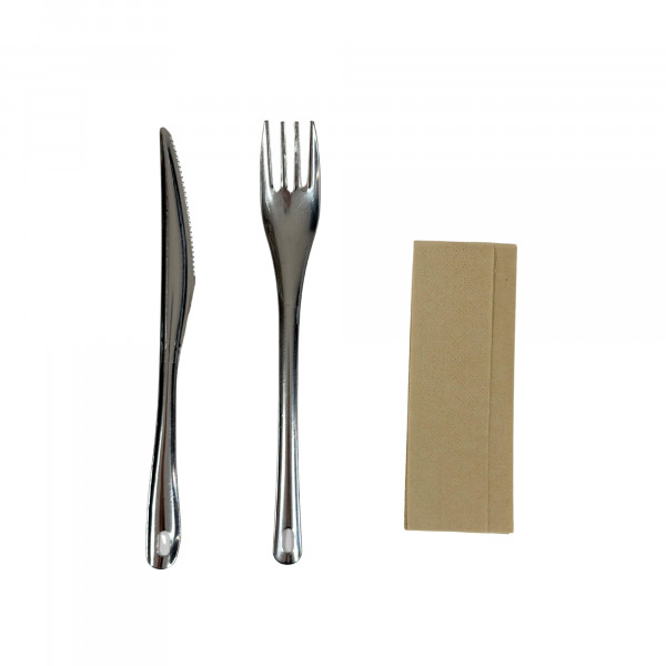 KIT COUVERT INOX 3/1 FOURCHETTE/COUTEAU/SERVIETTE SACHET KRAFT (60 U)