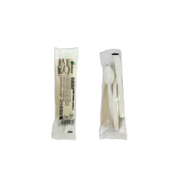 KIT COUVERT BLANC MAÏS 4/1 100%COMPOSTABLE FOU/COUT/CUILL/SERV REUTILISABLE(50U)