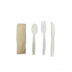 KIT COUVERT BLANC MAÏS 4/1 100%COMPOSTABLE FOU/COUT/CUILL/SERV REUTILISABLE(50U)