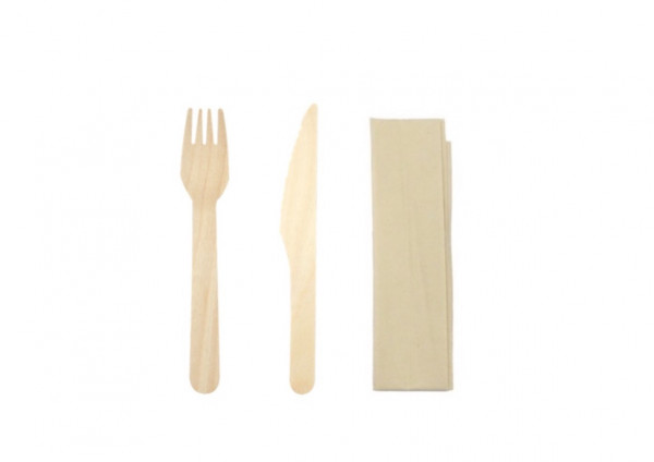 KIT COUVERT 3/1 BOIS FOURCHETTE/COUTEAU/SERVIETTE EMBALLAGE PAPIER (50 U)