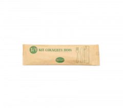 KIT COUVERT 3/1 BOIS FOURCHETTE/COUTEAU/SERVIETTE EMBALLAGE PAPIER (50 U)