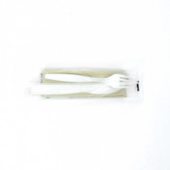 KIT COUVERT BLANC MAÏS 3/1 100%COMPOSTABLE FOU/COU/SERV SACHET REUTILISABLE(50U)