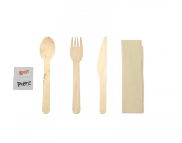 KIT COUVERT 6/1 BOIS FOUR/COUT/CUILL/SERV/SEL/POIVRE EMBALLAGE PAPIER (50 U)