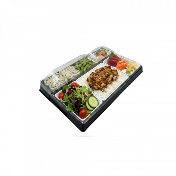 PLATEAU REPAS NOIR 5 CPTS/4 ELEMENTS BLANC ET COUV TRANSPARENT 38.7X24.7CM (20U)