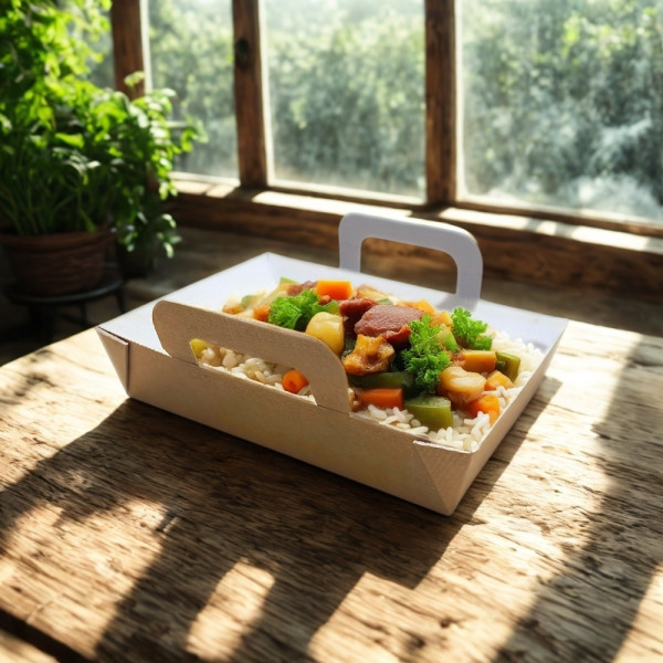 BARQUETTE REPAS CHAUD CARTON BRUN 850G ET COUVERCLE TRANSP. 16.8X12.2X4CM (100U)