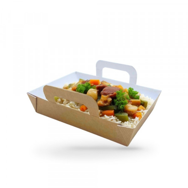 BARQUETTE REPAS CHAUD CARTON BRUN 850G ET COUVERCLE TRANSP. 16.8X12.2X4CM (100U)