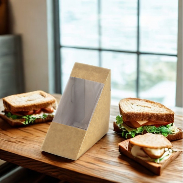 BOITE SANDWICH AVEC FENETRE GAMME KRAFT BRUN 12.3X12.3X7.3 CM (50 U)