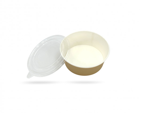 BOL SALADE 750 ML KRAFT BRUN INTERIEUR BLANC AVEC COUVERCLE PET Ø150 MM (50 U)