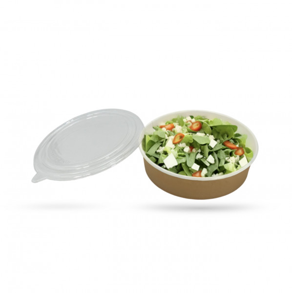 BOL SALADE 1000 ML KRAFT BRUN INTERIEUR BLANC AVEC COUVERCLE PET Ø185 MM (50 U)