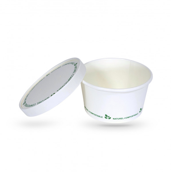 POT A SOUPE COMPOSTABLE BLANC 12OZ-440 ML AVEC COUVERCLE Ø11.5XØ9.2X6.2 CM (25U)