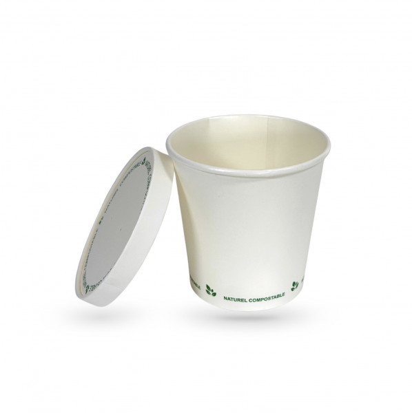 POT A SOUPE COMPOSTABLE BLANC 24OZ-750 ML AVEC COUVERCLEØ11.5XØ8.4X11.3 CM(25 U)