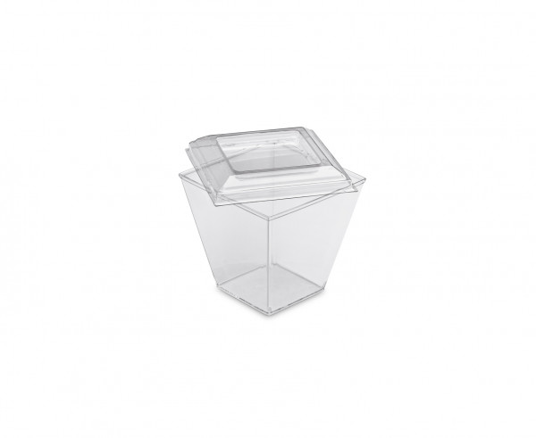 VERRINE TRANSPARENT CARRE PLASTIQUE RIGIDE REUTILISABLE 20CL AVEC COUV (50 U)