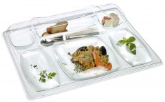 PLATEAU REPAS TRANSPARENT KIT 1 ASSIETTE+2 RAVIERS GAMME BIO 44x34x6 CM (50 U)