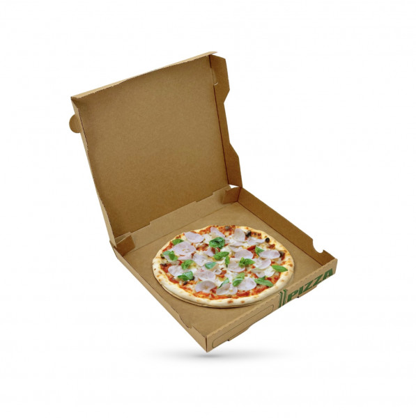 BOITE A PIZZA KRAFT BRUN 100% PATE VIERGE IMPRESSION VERT 260X35 MM (100 U)
