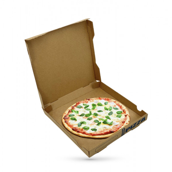 BOITE A PIZZA KRAFT BRUN 100% PATE VIERGE IMPRESSION BLEUE 290X35 MM (100 U)